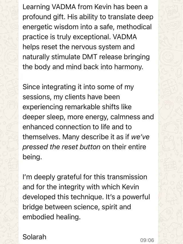 Solara Sarah Sol reviews the Vādma Practitioner training, a neuro-somatic practitioner training, in a written message