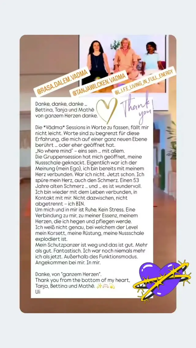 Uli’s video review of a Vādma session with Bettina Hardmeier, in an Instagram story