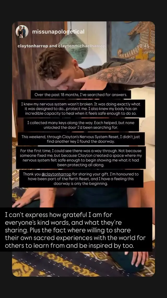 @missunapologetical’s video review of a Vādma session with Clayton Harrop, in an Instagram story
