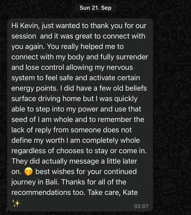 Vādma session review for Kevin Libawski by Kate, a written message