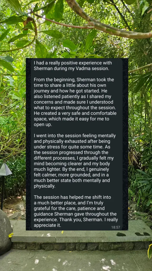 Vādma session review for Sherman Koh, an Instagram story