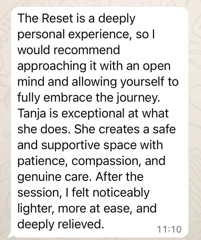 Vādma session review for Tanja Wilcken, a written message: “After the [Vādma] session, I felt noticeably lighter, more at ease, and deeply relieved”