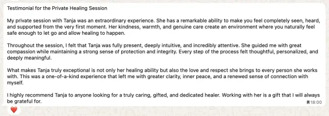 Vādma session review for Tanja Wilcken, a written message: “This was a one-of-a-kind experience that left me with greater clarity, inner peace, and a renewed sense of…”