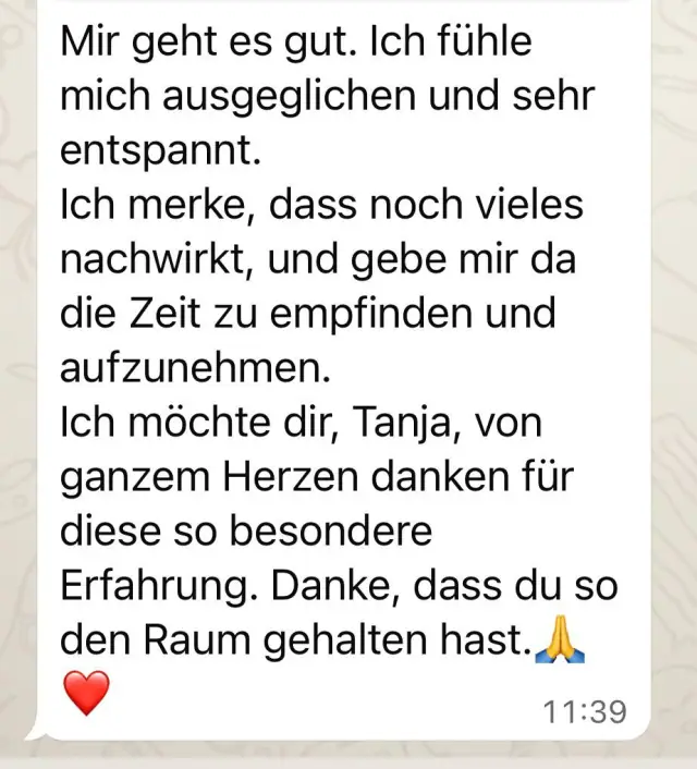 Vādma session review for Tanja Wilcken, a written message: “I notice that a lot is still having an effect, and I'm giving myself time to feel and take it in”