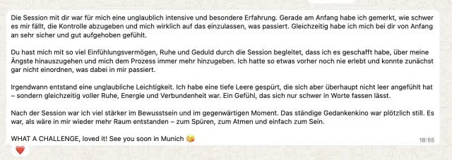 Vādma session review for Tanja Wilcken, a written message: “I felt a deep emptiness, but it didn't feel empty at all – instead it was simultaneously full of calm, energy…”