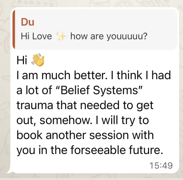 Vādma session review for Tanja Wilcken, a written message: “I think I had a lot of "Belief Systems" trauma that needed to get out, somehow”