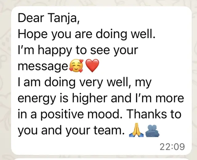 Vādma session review for Tanja Wilcken, a written message: “I am doing very well, my energy is higher and I'm more in a positive mood”