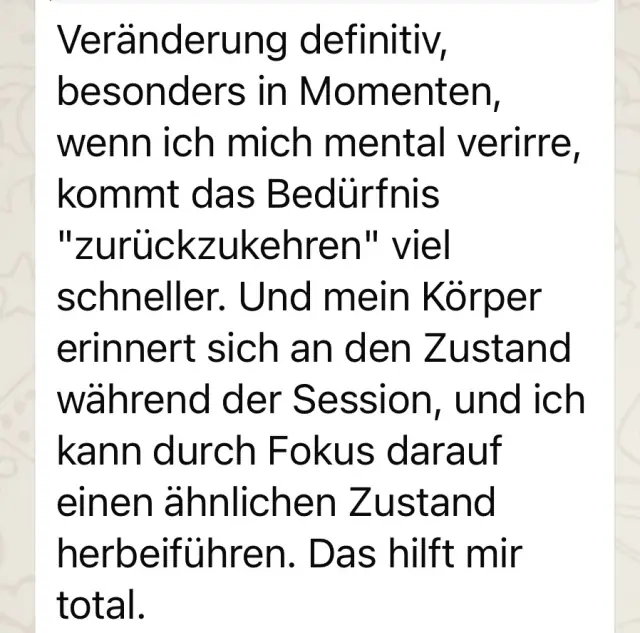 Vādma session review for Tanja Wilcken, a written message: “And my body remembers the state during the [Vādma] session, and I can bring about a similar state through…”