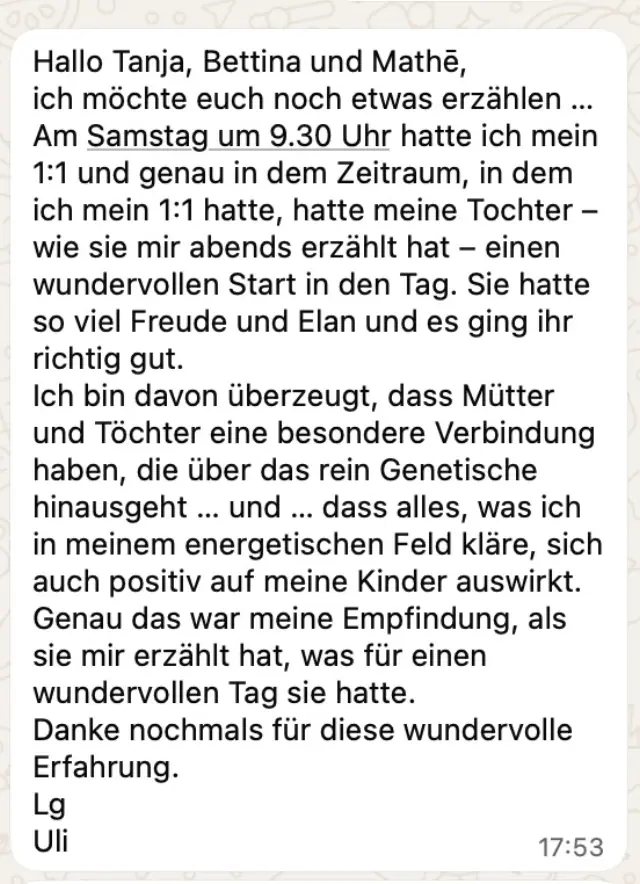 Vādma session review for Tanja Wilcken by Uli, a written message: “Everything I clarify in my energetic field also has a positive effect on my children”