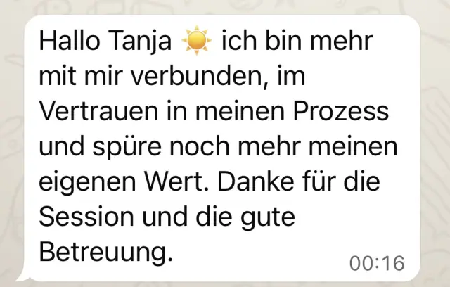 Vādma session review for Tanja Wilcken, a written message: “I am more connected with myself, trusting in my process and feel even more my own worth”