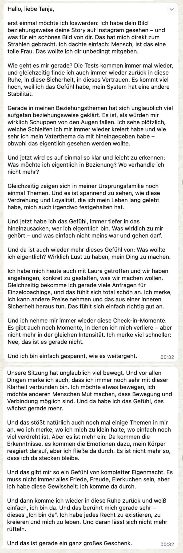 Vādma session review for Tanja Wilcken, a written message: “And now it suddenly becomes so clear and easy to recognize: What do I actually want in a relationship? Where…”