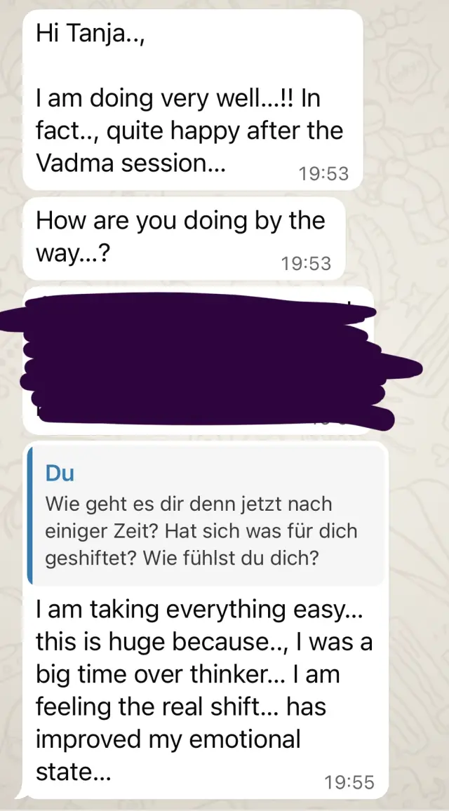 Vādma session review for Tanja Wilcken, a written message: “Hi Tanja.., I am doing very well...!!”