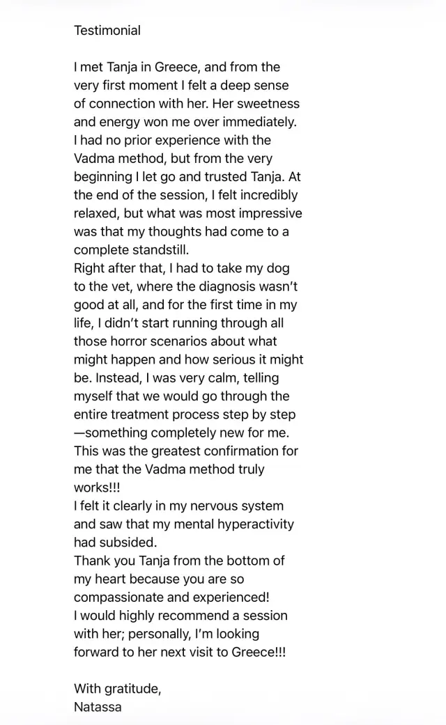 Vādma session review for Tanja Wilcken by Natassa, a written message
