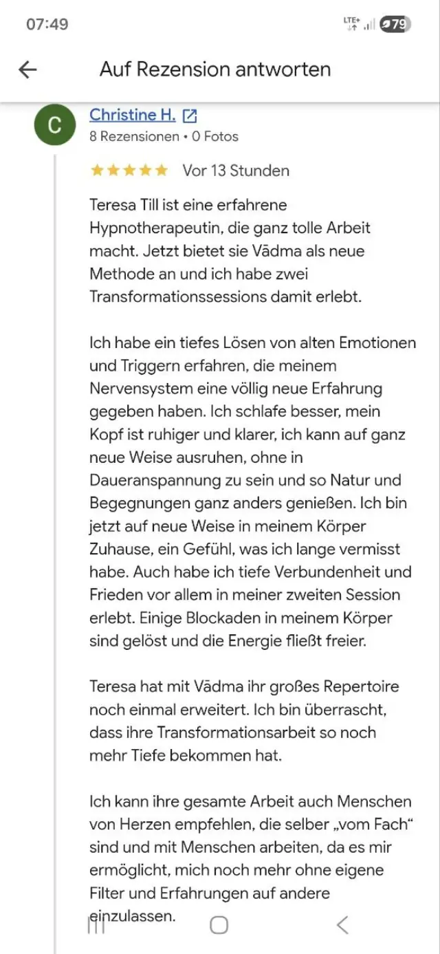 Vādma session review for Teresa Till by Christine H., a Google review: “I sleep better, my head is calmer and clearer, I can rest in a completely new way without being in constant…”